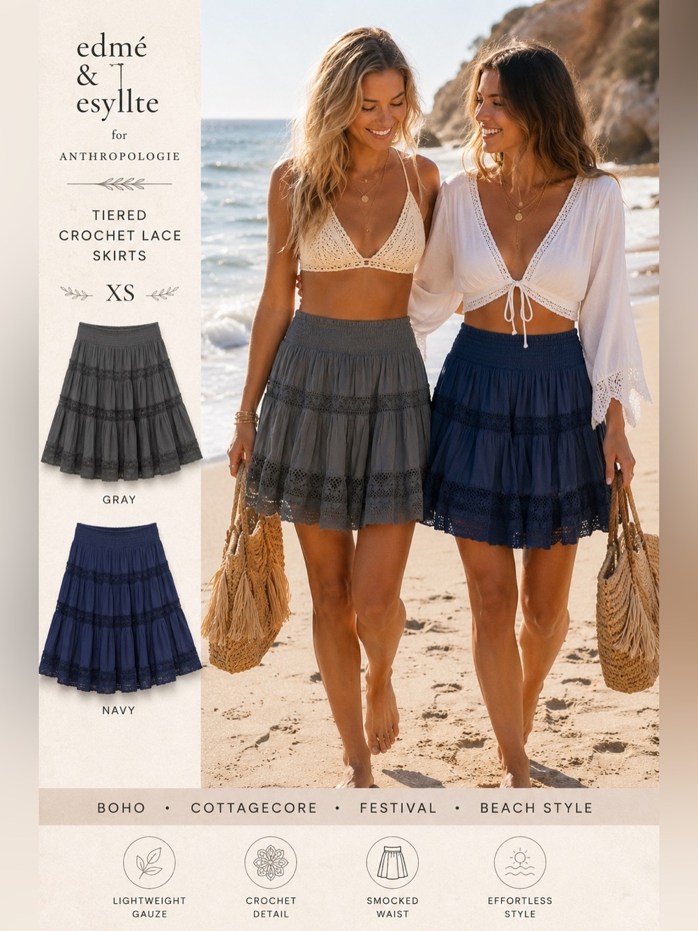 Anthropologie Edmé & Esyllte Boho Tiered Crochet Lace Skirts XS Gray Navy Bundle